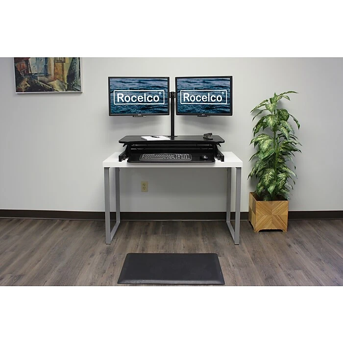 Rocelco 37"W Deluxe Adjustable Desk Riser With Energizing Anti-Fatique Mat And Dual Articulating Monitor Mount (R DADRB-DM2-MAF) 3 Rocelco 37"W Deluxe Adjustable Desk Riser With Energizing Anti-Fatique Mat And Dual Articulating Monitor Mount (R DADRB-DM2-MAF) - Image 3