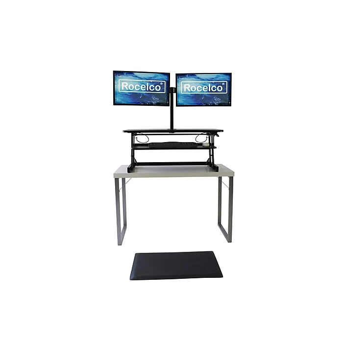 Rocelco 37"W Deluxe Adjustable Desk Riser With Energizing Anti-Fatique Mat And Dual Articulating Monitor Mount (R DADRB-DM2-MAF) 2 Rocelco 37"W Deluxe Adjustable Desk Riser With Energizing Anti-Fatique Mat And Dual Articulating Monitor Mount (R DADRB-DM2-MAF) - Image 2