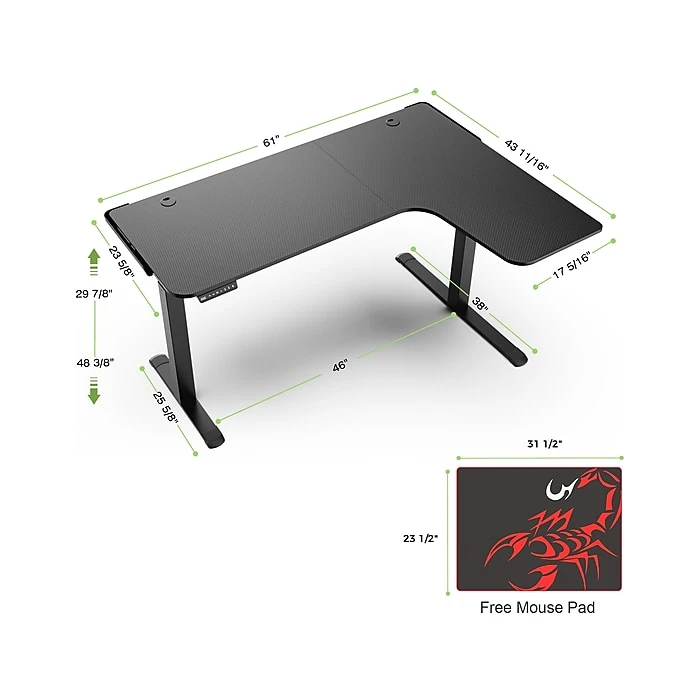 Eureka Ergonomic 30"-48"H L-Shaped Adjustable Standing Desk, Black (ED1875-BK) 2 Eureka Ergonomic 30"-48"H L-Shaped Adjustable Standing Desk, Black (ED1875-BK) - Image 2