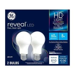 GE Reveal HD+ 8-Watt Warm White LED General-Purpose Bulb, 2/Pack (93129441)
