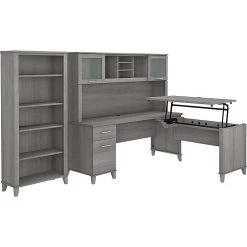 Bush Furniture Somerset 72"W 3-Position Sit To Stand L-Shaped Desk With Hutch And Bookcase, Platinum Gray (SET017PG)