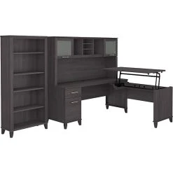 Bush Furniture Somerset 72W 3 Position Sit To Stand L Shaped Desk With Hutch And Bookcase, Storm Gray (SET017SG)