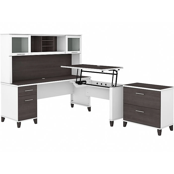 Bush Furniture Somerset Office Desk With 35"-41" Adjustable Return, Hutch, And File Cabinet, Storm Gray/White (SET016SGWH) 1 Bush Furniture Somerset Office Desk With 35"-41" Adjustable Return, Hutch, And File Cabinet, Storm Gray/White (SET016SGWH)