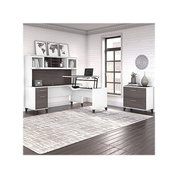 Bush Furniture Somerset Office Desk With 35"-41" Adjustable Return, Hutch, And File Cabinet, Storm Gray/White (SET016SGWH) 2 Bush Furniture Somerset Office Desk With 35"-41" Adjustable Return, Hutch, And File Cabinet, Storm Gray/White (SET016SGWH) - Image 2