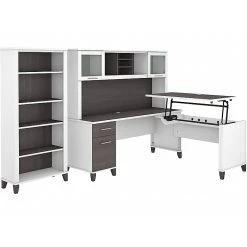 Bush Furniture Somerset Office Desk With 35"-41" Adjustable Return, Hutch, And Bookcase, Storm Gray/White (SET017SGWH)