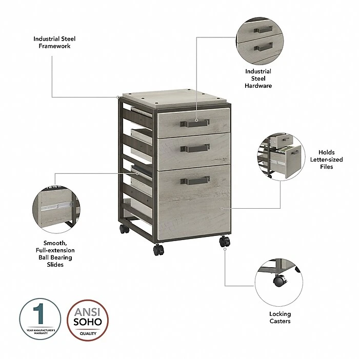 Bush Furniture Refinery 3-Drawer Vertical File Cabinet, Mobile/Pedestal, Letter, Cottage White, 18" (RFF116CWH-03) 3 Bush Furniture Refinery 3-Drawer Vertical File Cabinet, Mobile/Pedestal, Letter, Cottage White, 18" (RFF116CWH-03) - Image 3