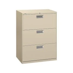 HON Brigade 600 Series 3-Drawer Lateral File Cabinet, Locking, Letter/Legal, Putty/Beige, 30"W (H673.L.L)