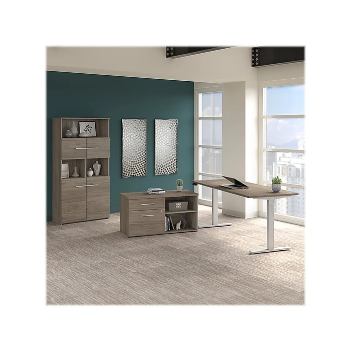 Bush Business Furniture Office 500 27"-47" Adjustable Desk With Storage And Bookcase, Modern Hickory (OF5006MHSU) 2 Bush Business Furniture Office 500 27"-47" Adjustable Desk With Storage And Bookcase, Modern Hickory (OF5006MHSU) - Image 2