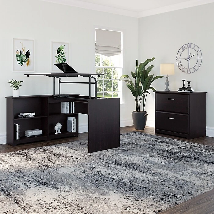 Bush Furniture Cabot 36"-42"H Position Sit To Stand Corner Bookshelf Desk With Lateral File Cabinet, Espresso Oak (CAB056EPO) 2 Bush Furniture Cabot 36"-42"H Position Sit To Stand Corner Bookshelf Desk With Lateral File Cabinet, Espresso Oak (CAB056EPO) - Image 2