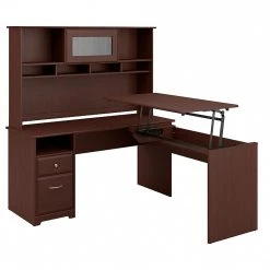 Bush Furniture Cabot 36"-42"H 3 Position L Shaped Sit To Stand Desk With Hutch, Harvest Cherry (CAB045HVC)