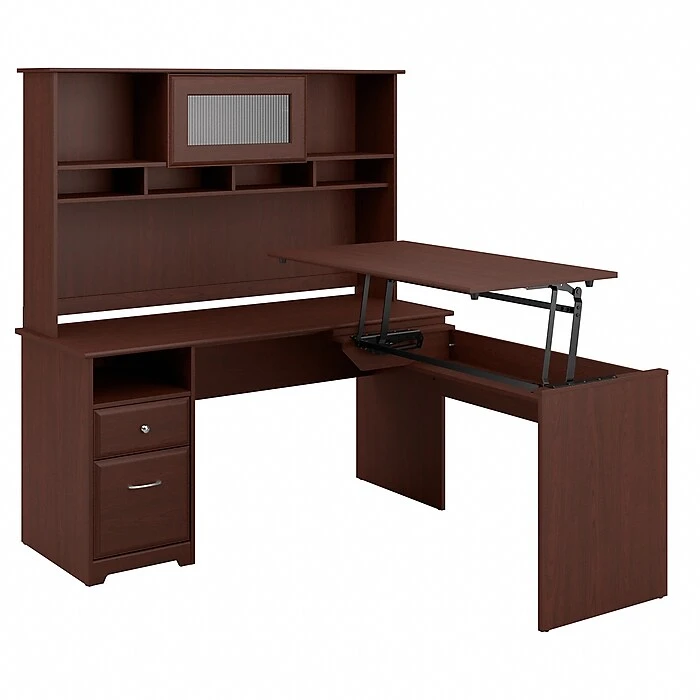 Bush Furniture Cabot 36"-42"H 3 Position L Shaped Sit To Stand Desk With Hutch, Harvest Cherry (CAB045HVC) 1 Bush Furniture Cabot 36"-42"H 3 Position L Shaped Sit To Stand Desk With Hutch, Harvest Cherry (CAB045HVC)